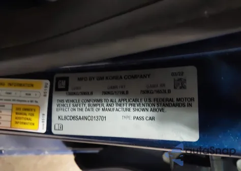 2022 Chevrolet Spark Fwd 1Lt Automatic z USA, uszkodzony, nr VIN KL8CD6SA4NC013701